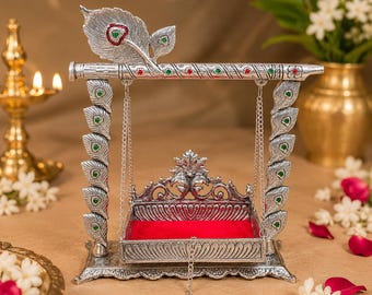 Duitse zilveren Krishna Jhula | Laddu Gopal-schommel | Janmashtami-decor | Bal Gopal Jhoola | Home Tempeldecoratie | Krishna-wieg