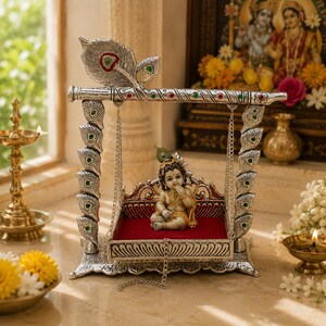 German Silver Krishna Jhula | Laddu Gopal Swing | Janmashtami Decor | Bal Gopal Jhoola | Home Temple Decor | Krishna Cradle image 9