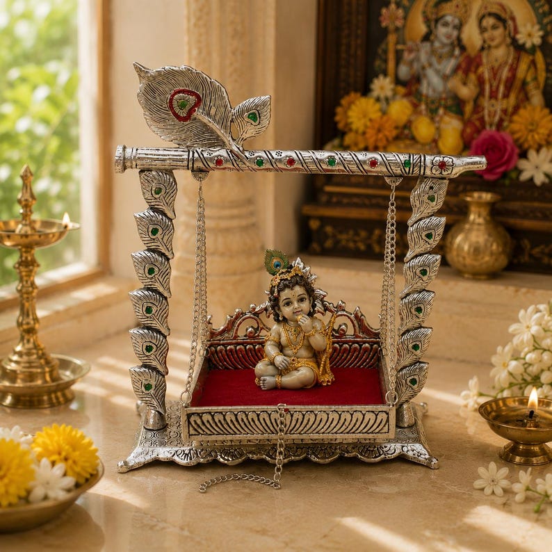 German Silver Krishna Jhula | Laddu Gopal Swing | Janmashtami Decor | Bal Gopal Jhoola | Home Temple Decor | Krishna Cradle image 9
