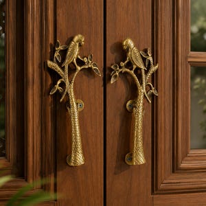 May include: A pair of brass door handles mounted on a wooden door. Each handle features a textured tree trunk base that branches out at the top, where a detailed parrot figure is perched among sculpted leaves. The metal has a polished gold finish.