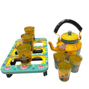Hand painted Indian tea kettle with 6 glasses and a kart.