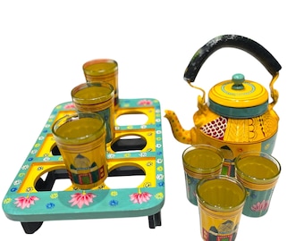 Hand painted Indian tea kettle with 6 glasses and a kart.