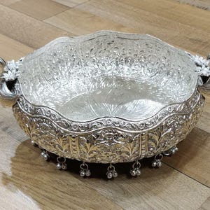 German silver hand engraved peacock fruit bowl,  urli