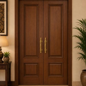 May include: A set of double doors made of dark brown wood with a paneled design. Each door features a vertical rectangular panel on top and a smaller square panel on the bottom. Two ornate, elongated gold-toned metal handles are mounted centrally.