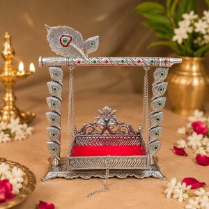 German Silver Krishna Jhula | Laddu Gopal Swing | Janmashtami Decor | Bal Gopal Jhoola | Home Temple Decor | Krishna Cradle image 6