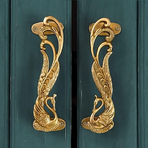 Brass Door Handle Pair (2 pcs) | Home Decor | Door Decor | Pair of Brass Door Handles | Pair of Brass Door Pulls (Peacock)