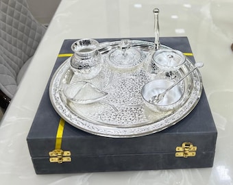 German Silver Pooja Thali Set With Hanging Ghunghurus (Bells) in a gift box.