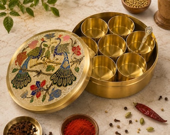 Handcrafted Brass Peacock Masala Box. Traditional Indian Spice Storage with 7 Containers & Spoon