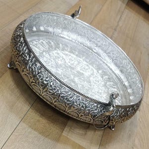 German Silver hand engraved Peacock Decorative Urli 17 inches wide