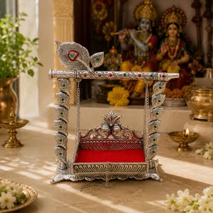 German Silver Krishna Jhula | Laddu Gopal Swing | Janmashtami Decor | Bal Gopal Jhoola | Home Temple Decor | Krishna Cradle image 3