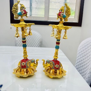 German Silver Hand-Engraved Peacock Samai/Diya with Elephant Base & Brass-Plated Plate | Traditional Indian Oil Lamp. Set of 2
