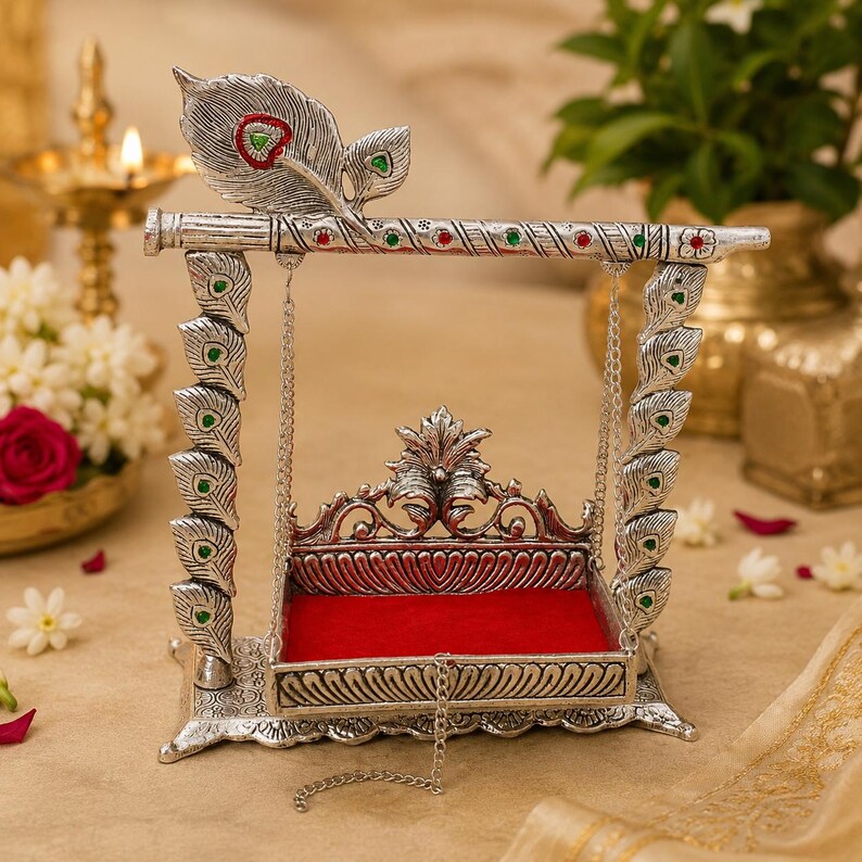 German Silver Krishna Jhula | Laddu Gopal Swing | Janmashtami Decor | Bal Gopal Jhoola | Home Temple Decor | Krishna Cradle image 8