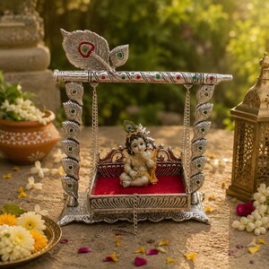 German Silver Krishna Jhula | Laddu Gopal Swing | Janmashtami Decor | Bal Gopal Jhoola | Home Temple Decor | Krishna Cradle image 7