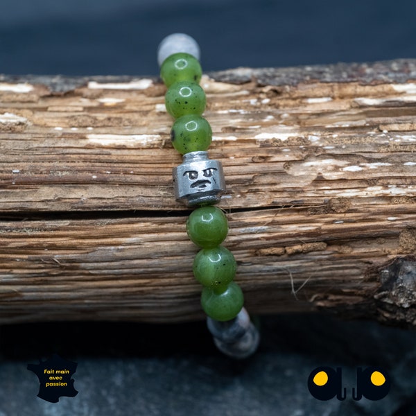 Magnificent Lego head bracelet with green Jade and Picasso Jasper beads for men