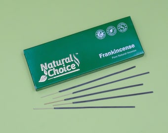 May include: A green box of frankincense incense sticks with the text "Natural Choice" and "Frankincense Pure Natural Incense". The box has three green and white circular logos. Six incense sticks are laid out in front of the box.
