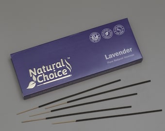 May include: A purple box of Natural Choice Lavender incense sticks. The box has a silver logo and text that reads "Natural Choice" and "Lavender Pure Natural Incense". There are eight incense sticks on a gray surface.
