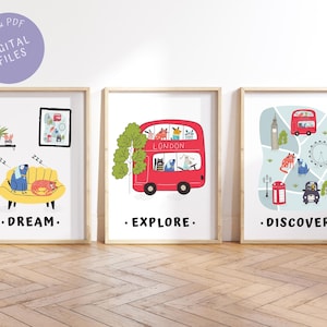 Süßes Tier Drucke Set, Unisex, Sofort Download, Kinderzimmer Wandkunst, Inspiration zitat, London Bus, Karte Druck, Katze und Hund Liebhaber, JPG