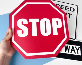 Race Car Signs in CARDSTOCK. Stop sign,One way sign and speed limit sign are perfect for a car birthday, race car birthday, car celebration.