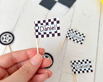 Flags and Tires picks.deal for vintage car birthday,car second birthday,race car birthday favor,car theme birthday.Personalized toothpicks.