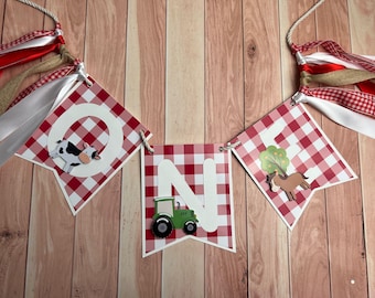 One Year Farm High Chair Banner with Animals and Tractor. Ideal Tractor Garland for a 1st Year Farm Theme Party!
