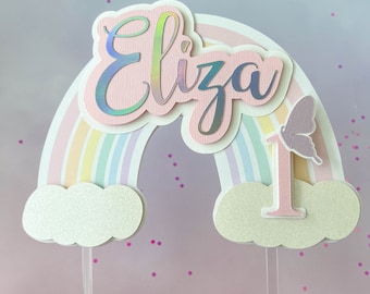 Rainbow and Butterflies Cake Topper with Pastel Colors Layered. Ideal for a rainbow birthday, butterfly birthday, rainbow first birthday.