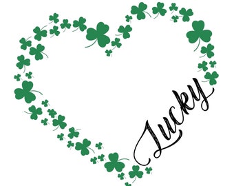 May include: A green shamrock heart shape with the word "Lucky" written in black cursive script.