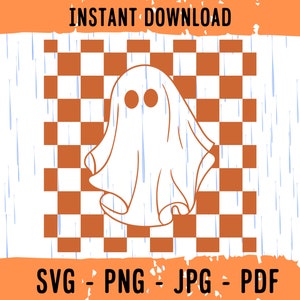 May include: A white ghost with two black eyes is on a brown and white checkered background. The background is a checkered pattern. The ghost is in the center of the image. The image is in a digital format.  SVG - PNG - JPG - PDF