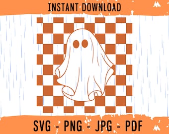 May include: A white ghost with two black eyes is on a brown and white checkered background. The background is a checkered pattern. The ghost is in the center of the image. The image is in a digital format.  SVG - PNG - JPG - PDF