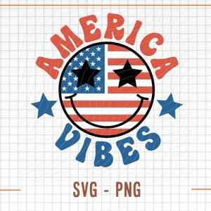May include: A red, white, and blue smiley face with stars for eyes. The smiley face is surrounded by the words "America Vibes" in a retro font.