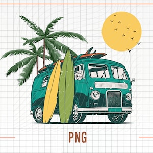 May include: A teal vintage van with surfboards on top and two surfboards leaning against it. Palm trees, a yellow sun, and birds complete the beach scene. The word "PNG" is in the bottom right corner.