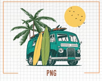 Surfing Van Png, Vintage Summer Vehicle Clipart, Palm Beach Sublimation File, Surf Board Stencil, Hello Summer Vibes Png, Sun Salt Sand Png