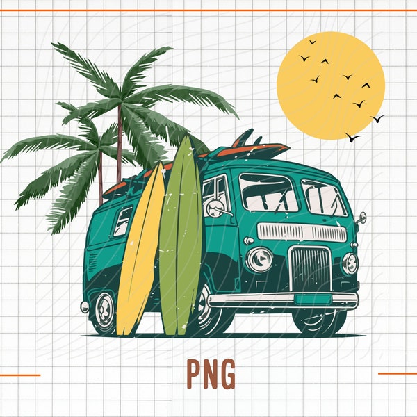 Surfing Van Png, Vintage Summer Vehicle Clipart, Palm Beach Sublimation File, Surf Board Stencil, Hello Summer Vibes Png, Sun Salt Sand Png