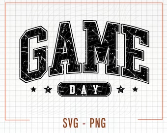 May include: Black and white graphic design with the text "GAME DAY" in a vintage style font. Two stars are on either side of the text.