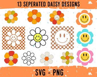 Retro Daisy Smile Face Svg Bundle, Digital Download Flower, Daisy SVG, Smile Face, Flower For Cricut,  Daisy for Silhouette, DIY Projects