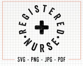 May include: Black and white graphic design with the text "Registered Nurse" in a circle around a stylized plus sign.