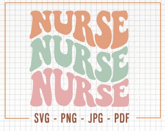 May include: A digital design featuring the word "NURSE" repeated three times in a retro, wavy font. The word is in three different colors: peach, light green, and pink.