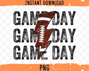 Game Day Football Lightning Bolt Png, Distressed Football Png, Sublimation Download, Printable, Stacked Football Design, Clipart
