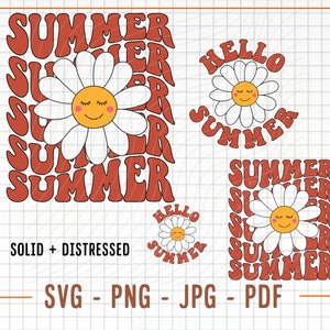 Hallo zomer SVG PNG, retro glimlach Daisy sublimatie, Aesthetic Ocean Svg, retro ontwerp voor- en achterkant, Distressed Groovy Beach Svg