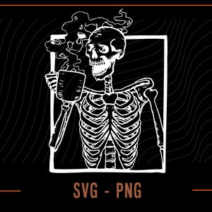 Esqueleto bebiendo café svg, esqueleto svg, archivo de corte de café, café esqueleto, taza de café, café png, archivos svg para cricut, diseño de Halloween