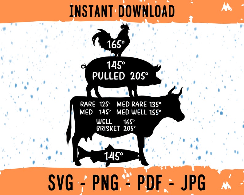 May include: Black silhouette graphic of a rooster, pig, cow, and fish with internal temperature readings for different levels of doneness. The text includes "Rare 125&deg;", "Med Rare 135&deg;", "Med 145&deg;", "Med Well 155&deg;", "Well 165&deg;", "Brisket 205&deg;", "Pulled 205&deg;".