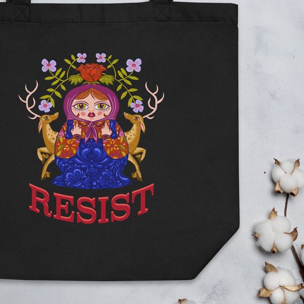 Resist Tote Bag, Original Matryoshka Nesting Doll Art, Cute Maximalist Tote Bag, Whimsical Floral Design, Colorful Political Tote Bag