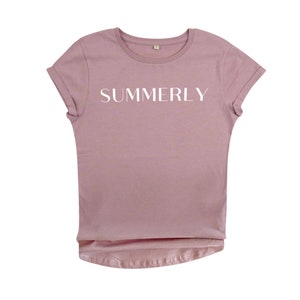 Summer Crush Tee - Purple rose Organic Cotton T-Shirt, Women&#39;s Crew Neck T-Shirt, Lightweight Shirt, Purple Rolled Sleeve T-Shirt
