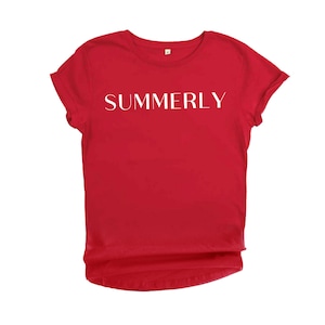 Postkaart van Bondi Beach Tee - rood biologisch katoenen T-shirt, dames zomer-T-shirt, lichtgewicht shirt, rood T-shirt, iconisch Aussie Beach-shirt