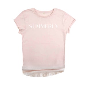 Girls Vacation Tee - Baby Pink Organic Cotton T-Shirt, Women&#39;s Crew Neck T-Shirt, Lightweight Shirt, Light Pink Summer Graphic Tee