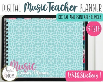 May include: A digital music teacher planner displayed on a tablet screen with a light blue geometric pattern cover. The interface features tabs for months and sections, with text reading DIGITAL MUSIC TEACHER PLANNER, 9-12TH, and With Stickers!