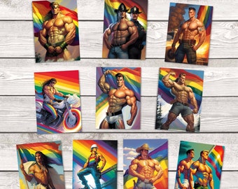 LGBTQ+ Queer Gay Card Set - YMCA Men Edition - I Artful Pride Cards I Sexy muscle men I Funny LGBTQ+ cards as comic illustration