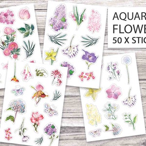 Sticker Flowers - Watercolor Flowers Sticker Set 50 Stickers - Floral Stickers - Vintage - 4 Sticker Sheets - Handmate - DIY Sticker 100g