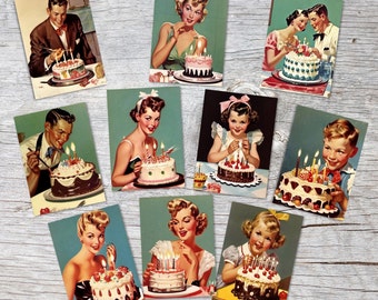 Vintage 50 Style Birthday Cards - Greeting Cards Set (10 Cards) | Acrylic look in 50s style | Postcard or folding card | Acrylic painting