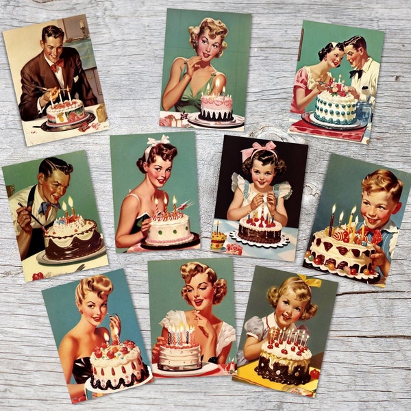 Vintage 50 Style Birthday Cards - Greeting Cards Set (10 Cards) | Acrylic look in 50s style | Postcard or folding card | Acrylic painting