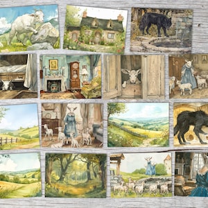 El lobo y los siete cabritillos Juego de cartas A6 (15 cartas) Cuento de hadas ilustrado I de los hermanos Grimm en el original I Cartas vin
